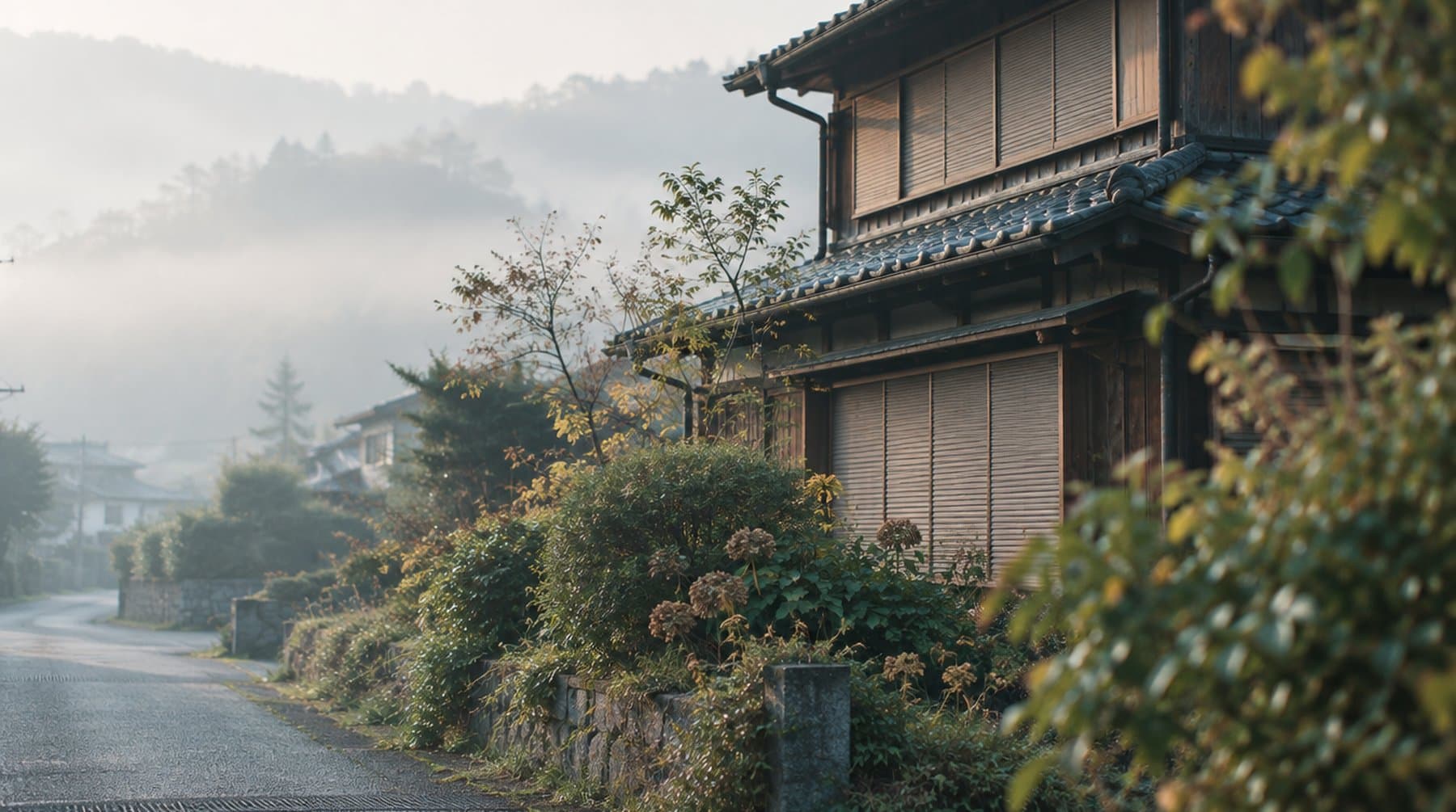 An old wooden house with closed shutters in morning mist