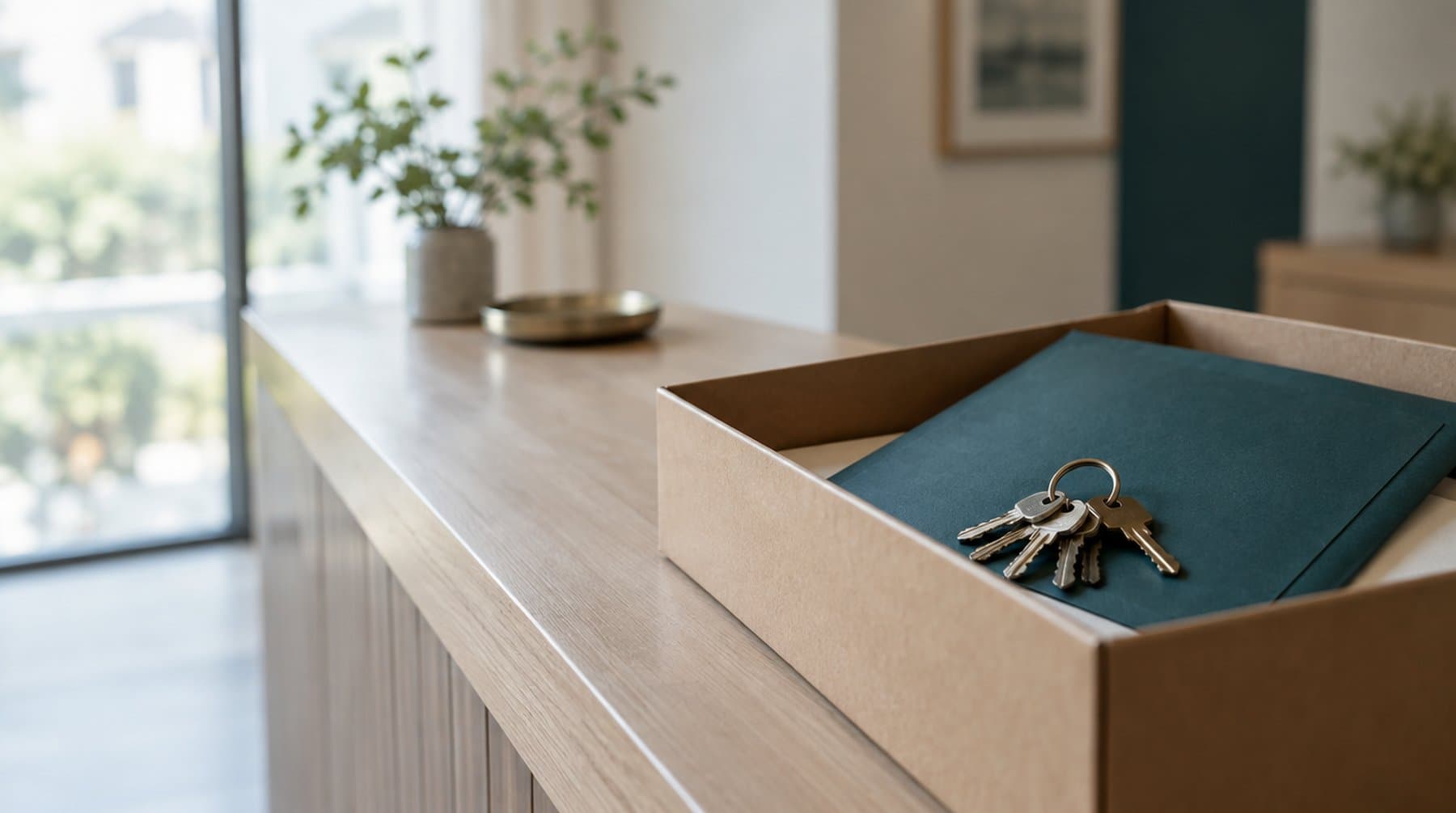 A box on a counter holding apartment keys and a folder