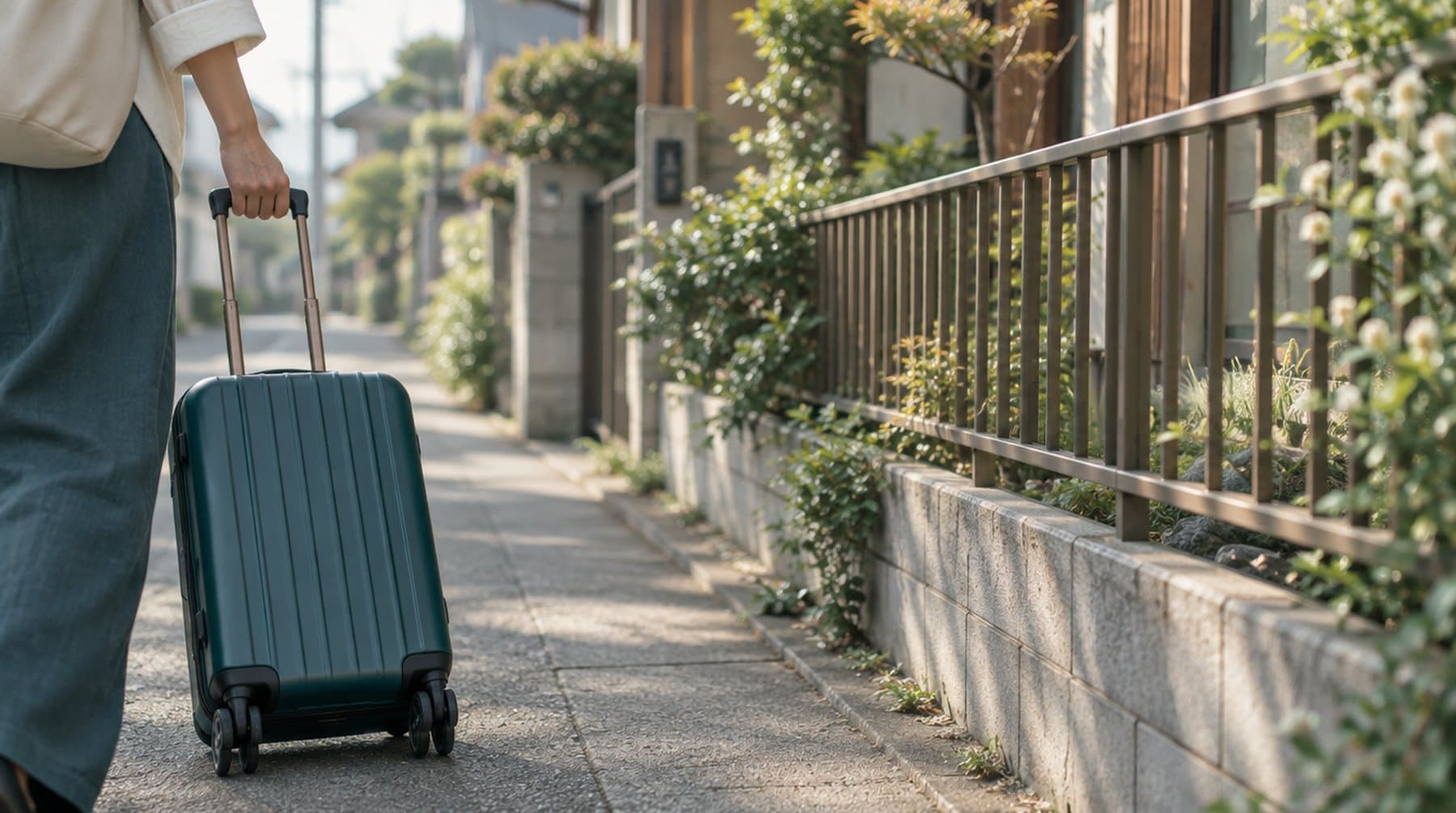 A hand pulling a small suitcase along a narrow residential pavement, the person out of frame