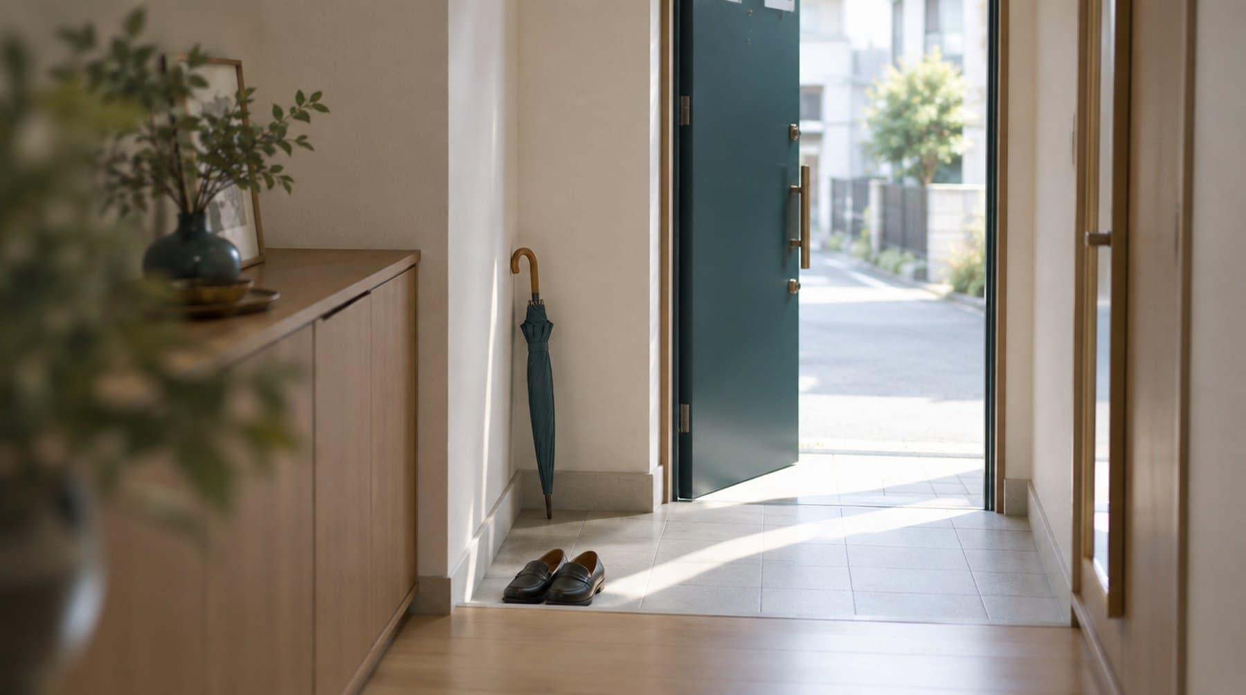 An entrance hall seen from inside, the front door ajar onto a bright street, shoes and an umbrella by the step
