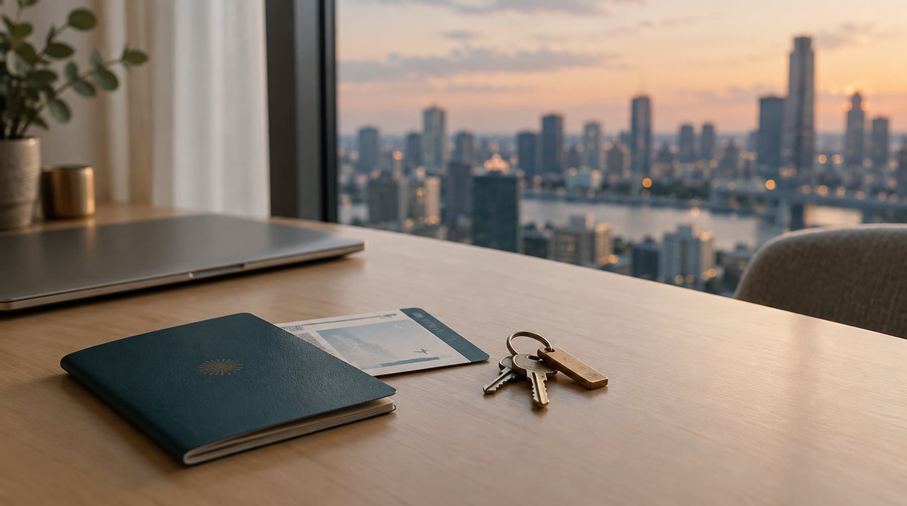 A passport, boarding pass and apartment keys beside a laptop