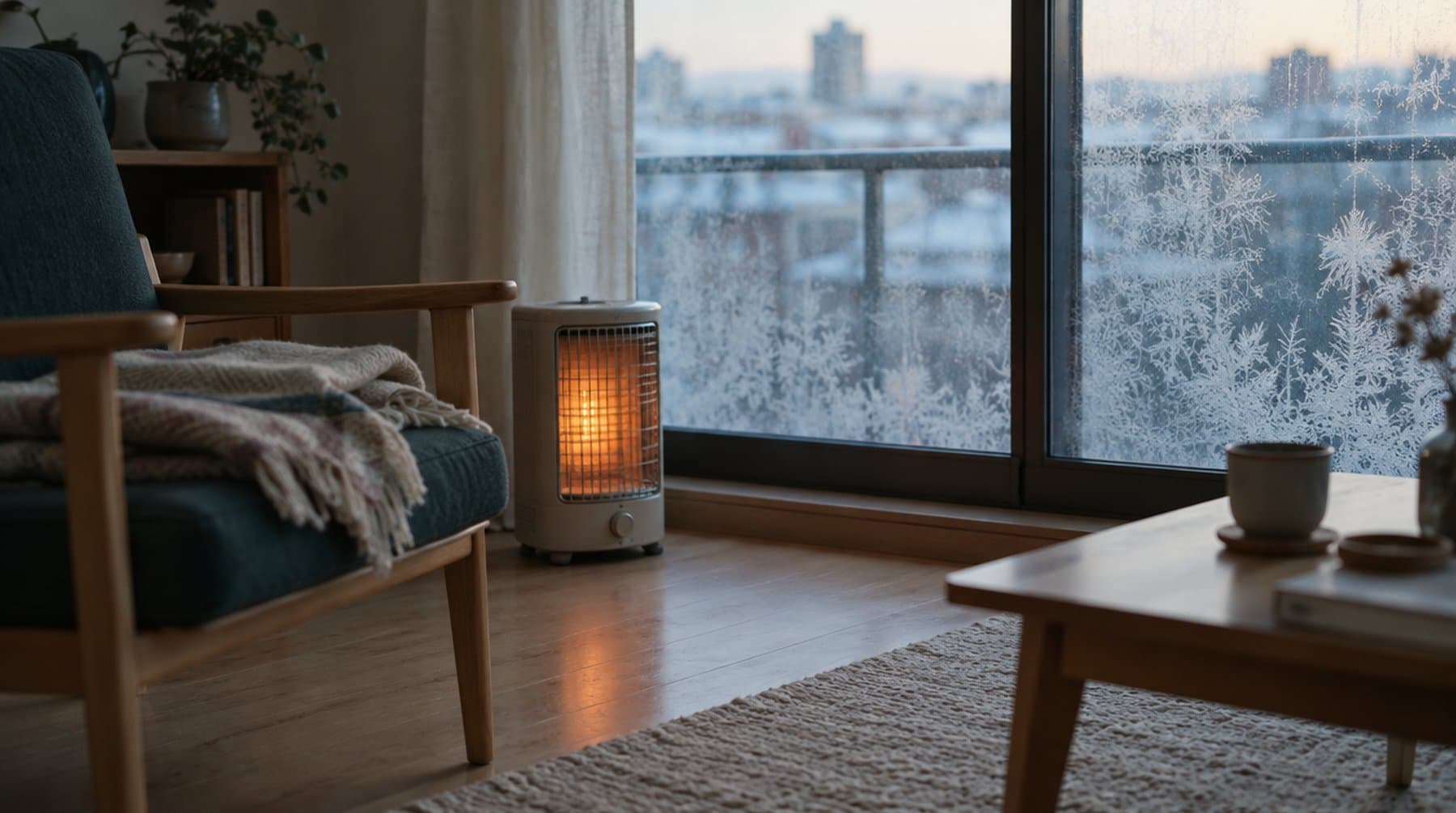 A heater glowing in a room at night, frost on the window