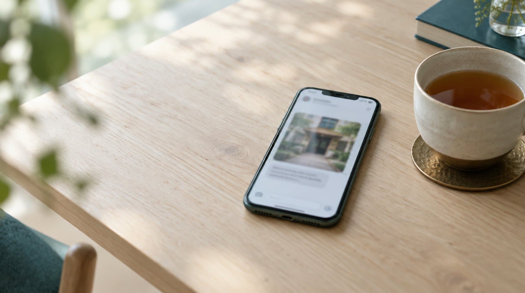 A smartphone and a cup of tea on a wooden table