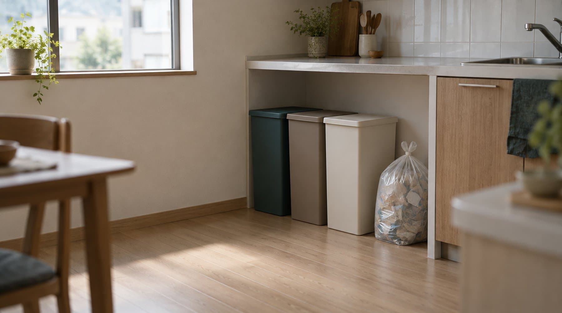 Sorting bins lined up under a kitchen counter
