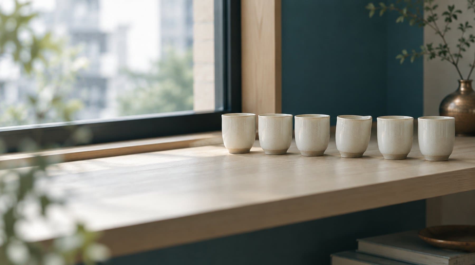 Six identical cream cups standing in a row on a wooden shelf by a window