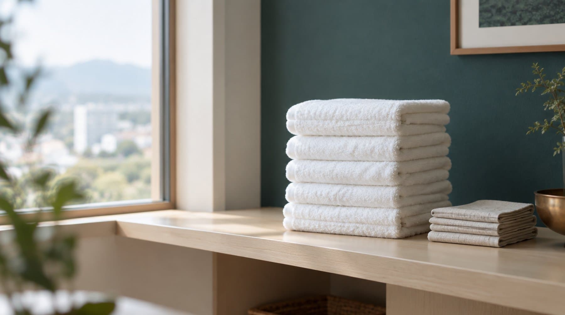 A tall stack of folded white towels on a wooden shelf by a window, a smaller pile of linen beside it