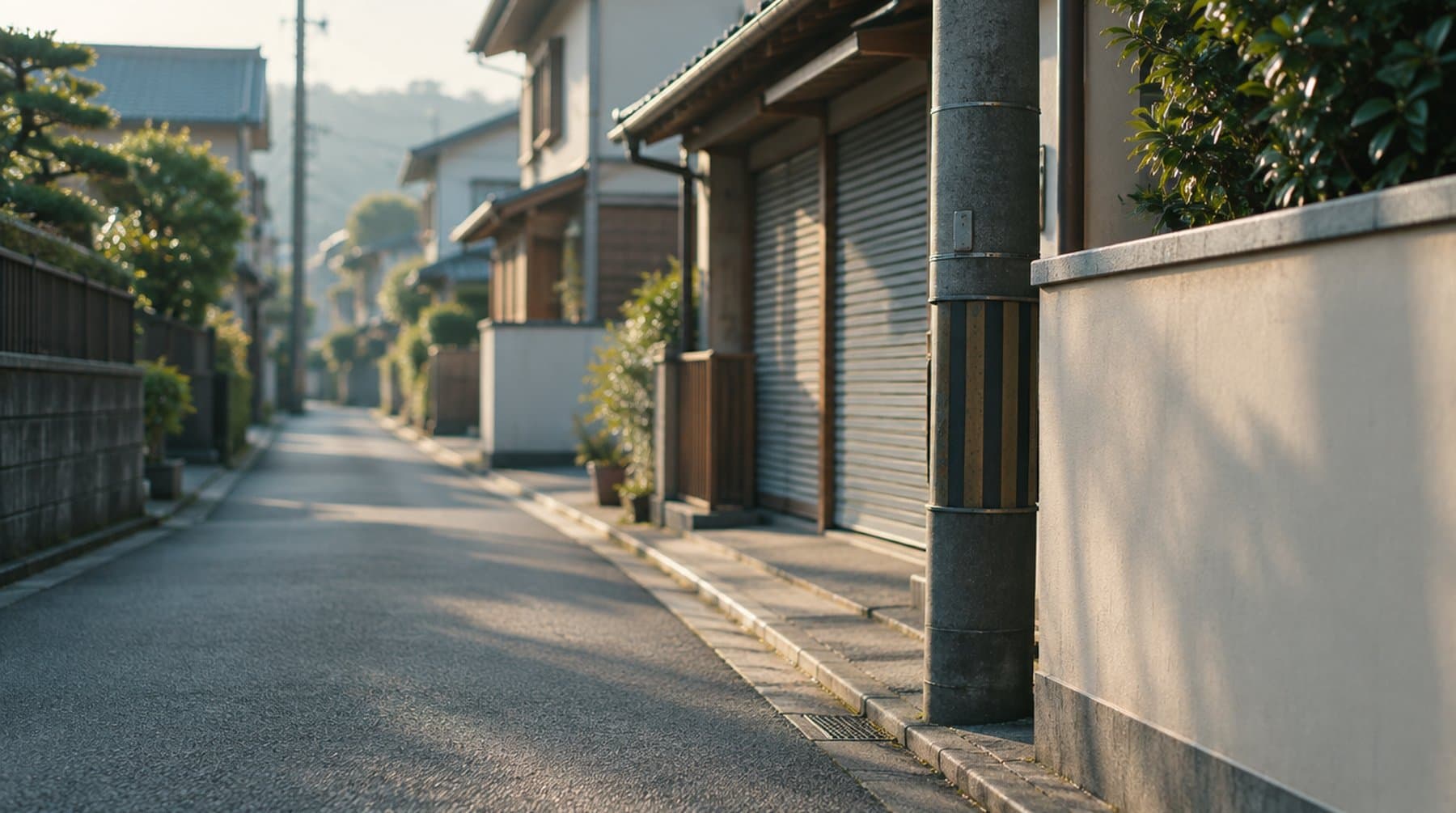 A narrow residential back street just after sunrise, empty of people and cars, low light along the kerb