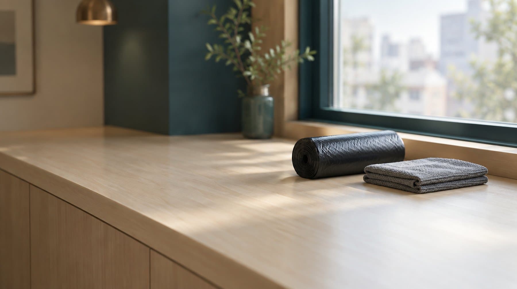 A roll of plain bin liners and a folded cloth at the end of a pale wood counter by a window