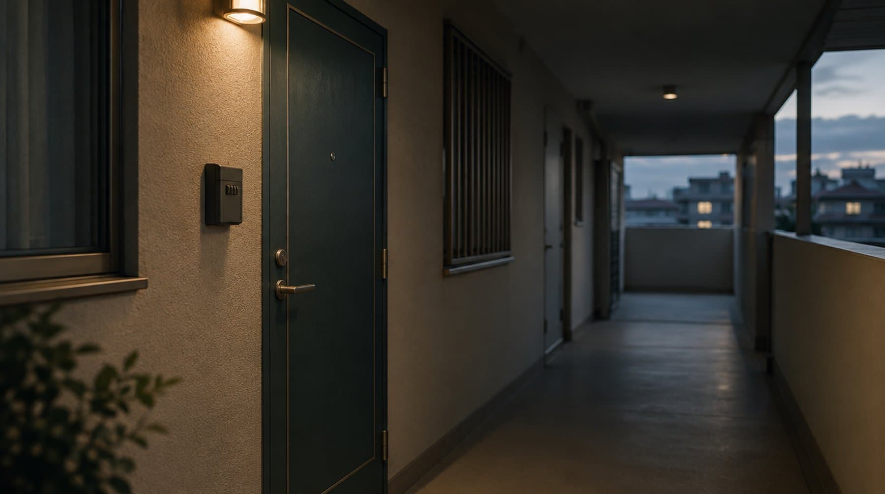 An apartment door at night with a small lockbox on the wall
