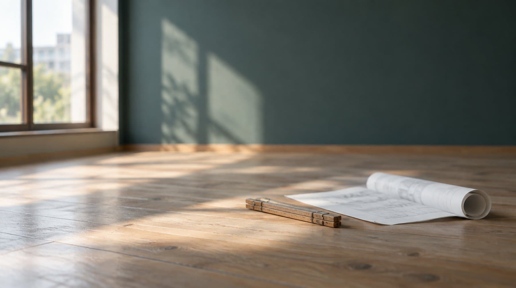 A folding rule and a rolled sheet of paper on bare floorboards by a window