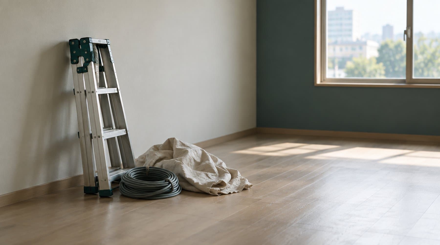 A stepladder against a bare wall with cable and a dust sheet on the floor