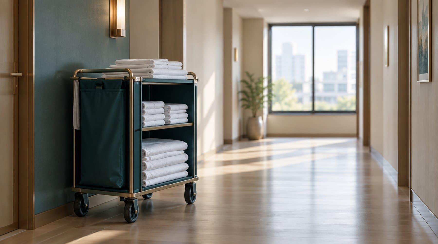 A housekeeping cart with folded linen in a quiet corridor