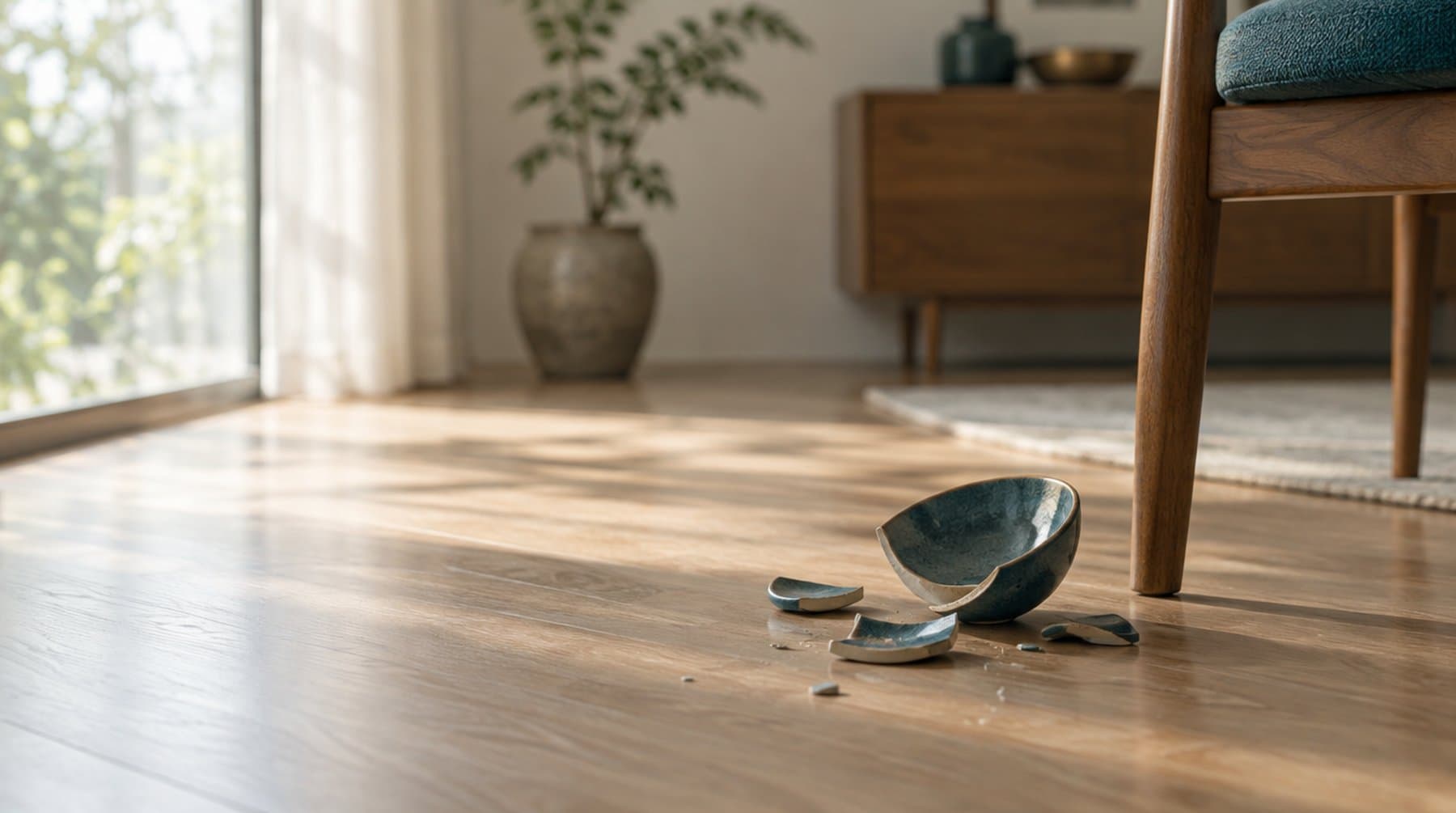 A broken ceramic bowl on a wooden floor