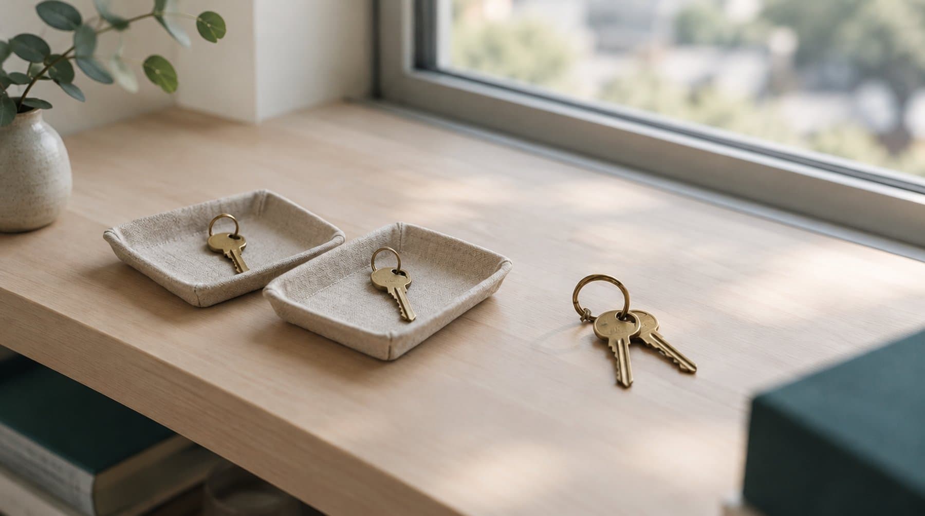 Two linen trays on a window shelf, each holding a key, with a ring of two keys lying apart