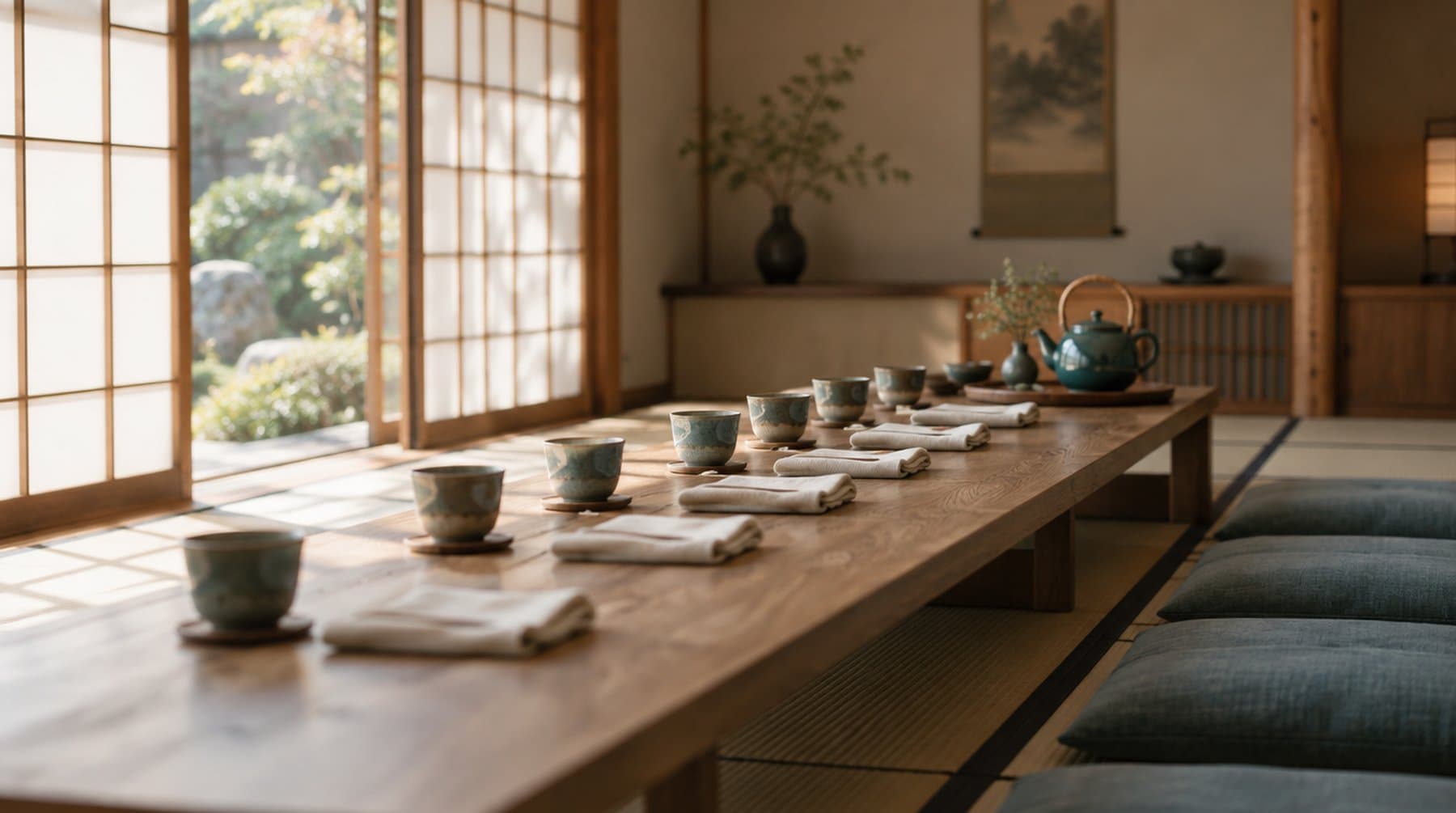 A long low table in a Japanese room set with many tea cups and folded napkins, light through paper screens