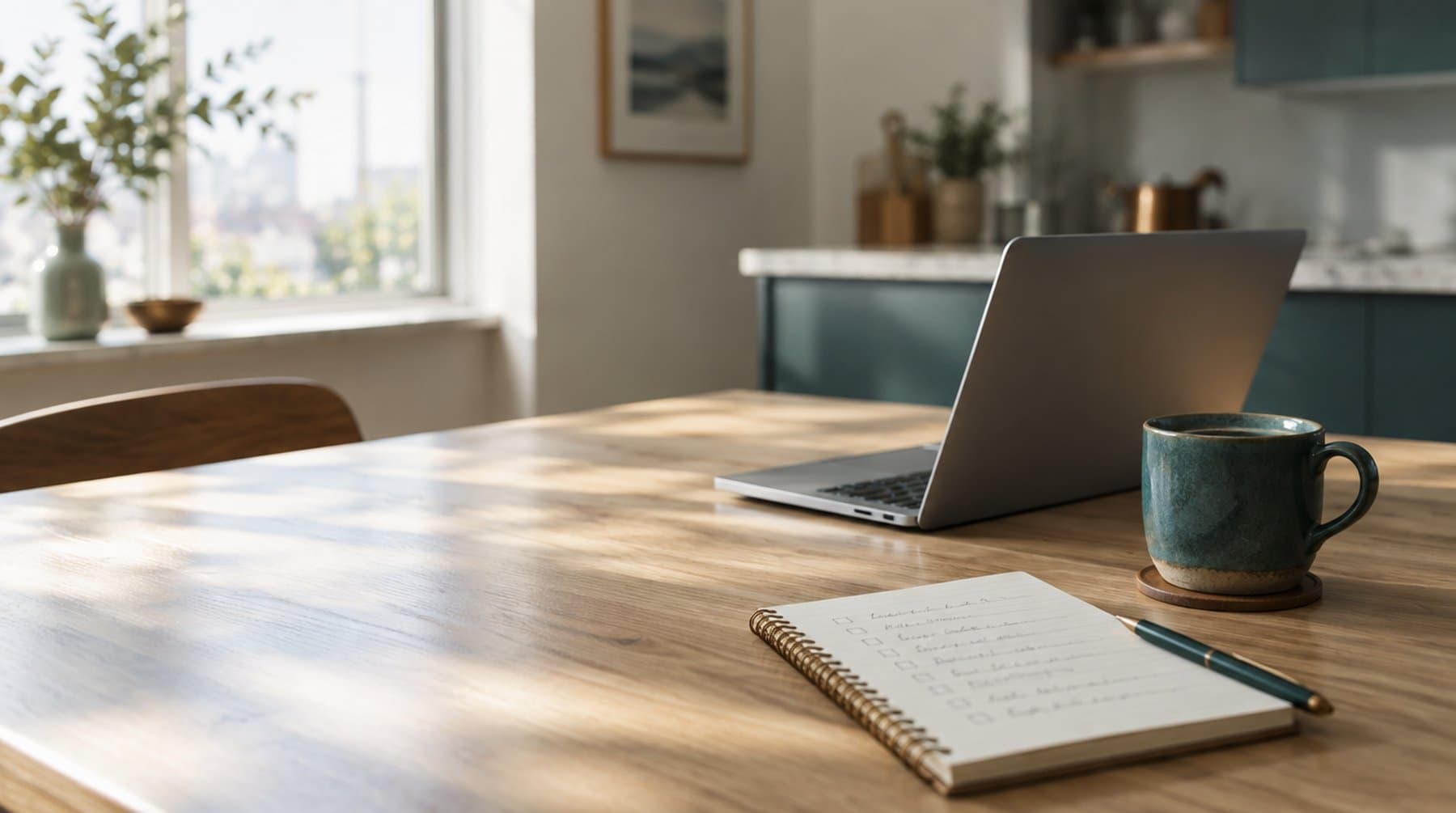 A kitchen table with a laptop and a handwritten checklist