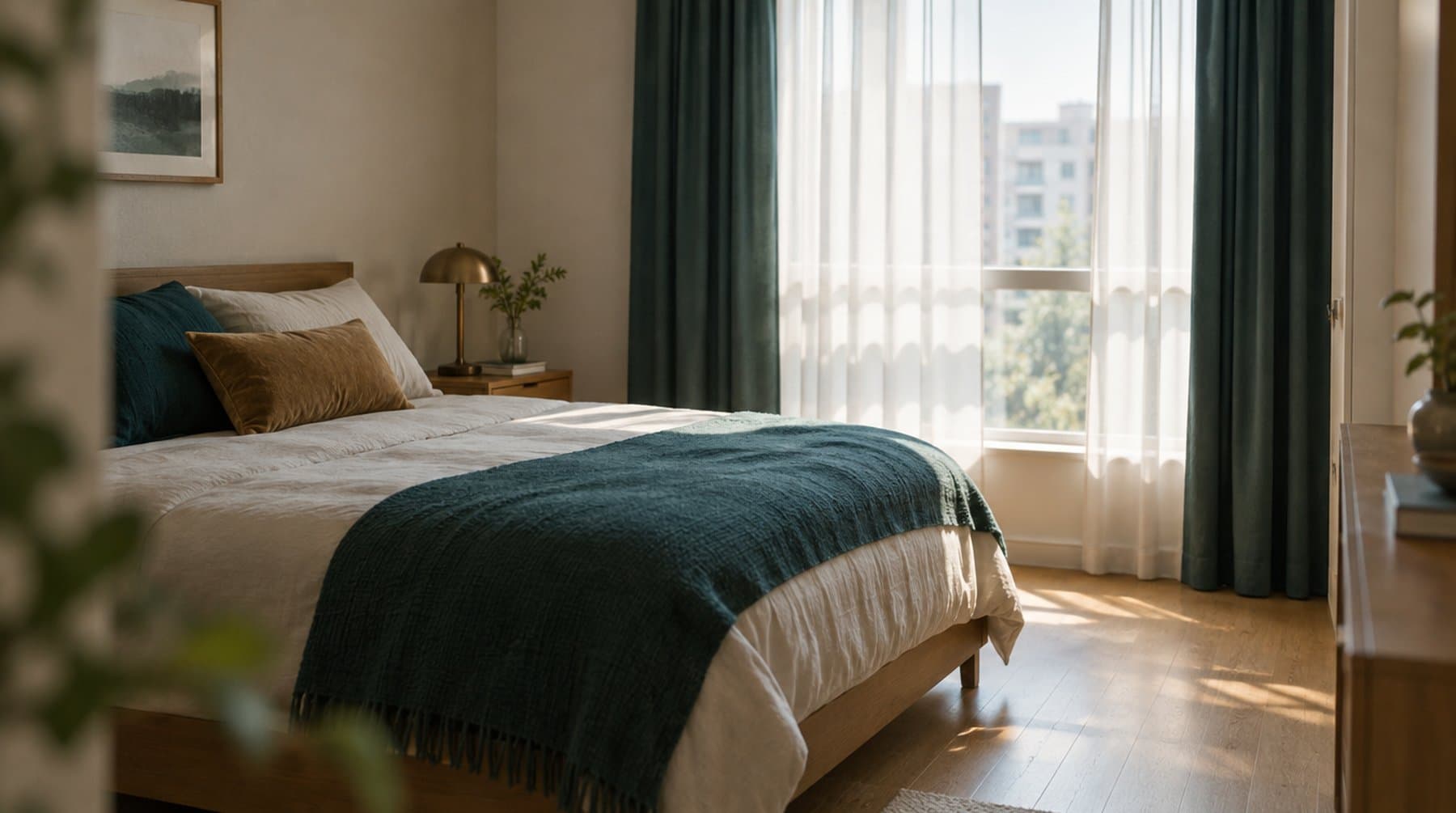 An empty, neatly made bed in a small bedroom