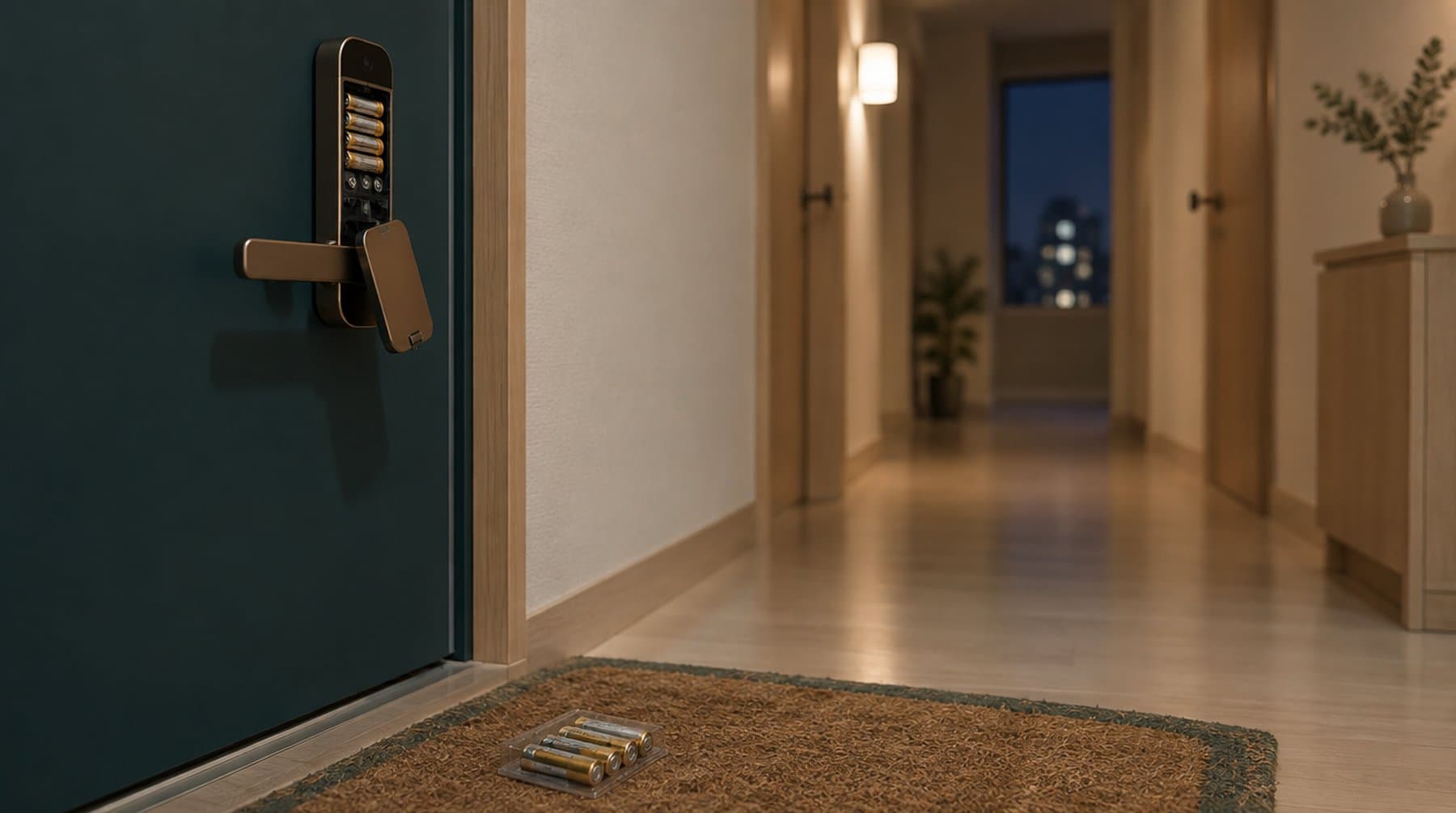 A smart lock with its battery cover open and fresh batteries on the mat
