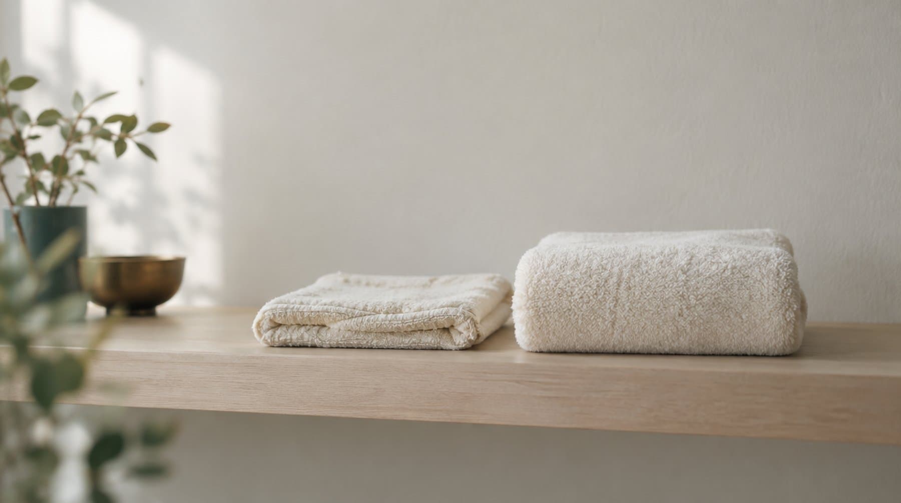 A worn towel and a new towel folded side by side on a pale wood shelf