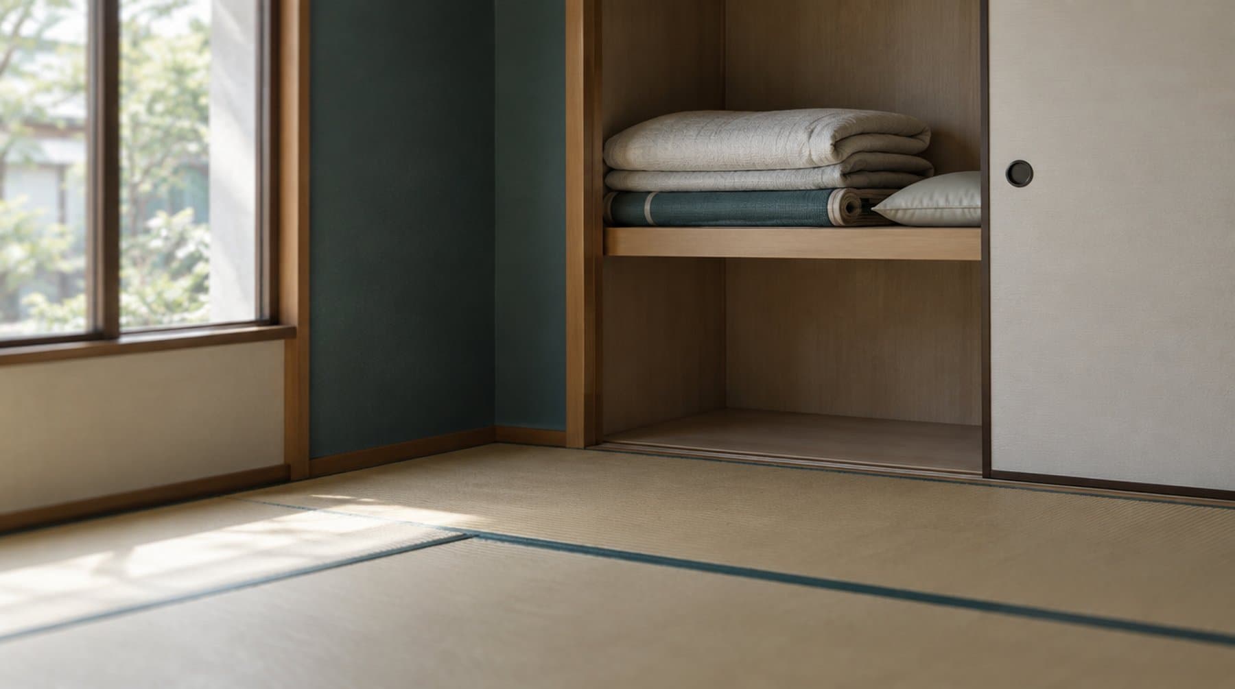 A folded futon and a rolled thin mattress stored on a closet shelf