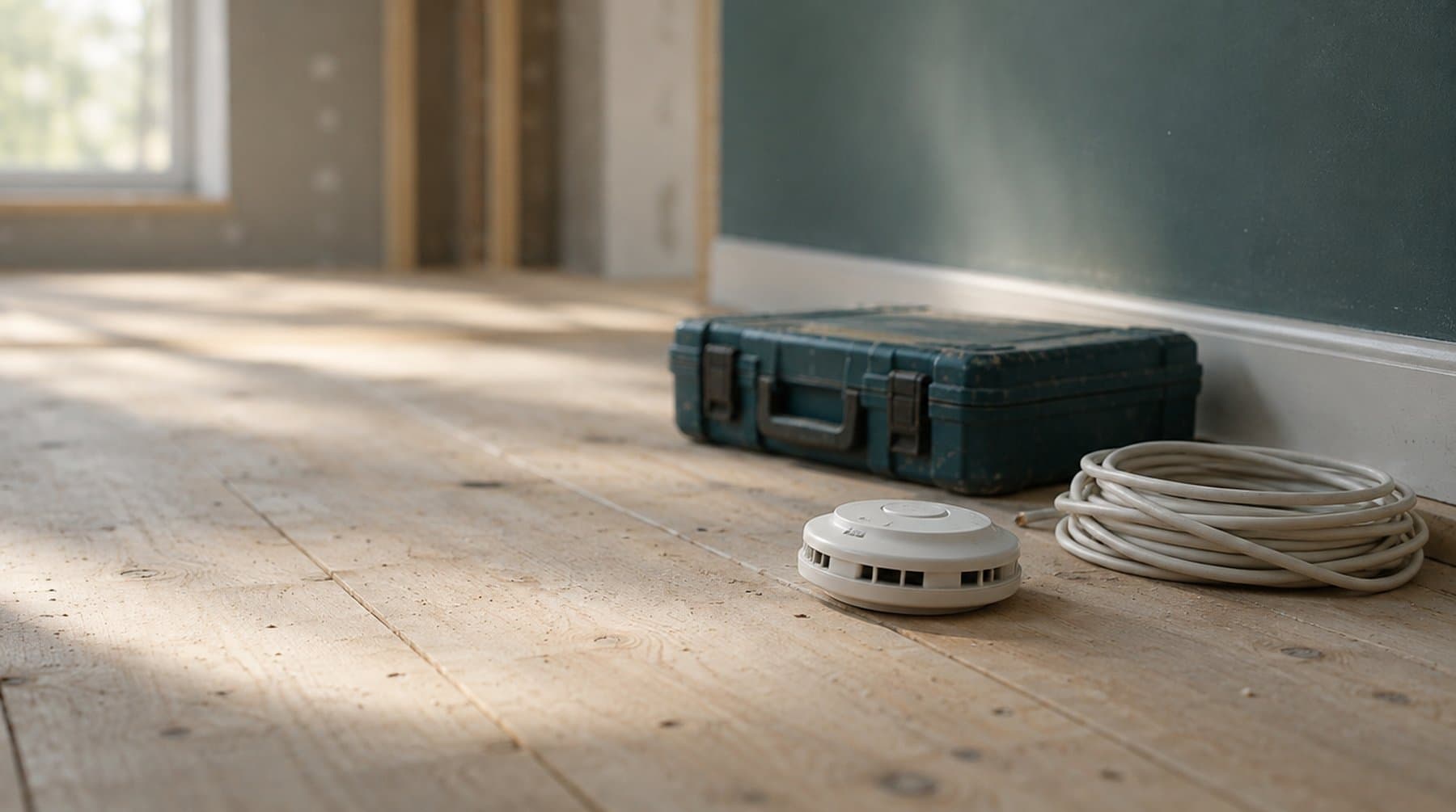 An unfitted smoke detector, a coil of white cable and a closed tool case on bare floorboards in a half-finished room