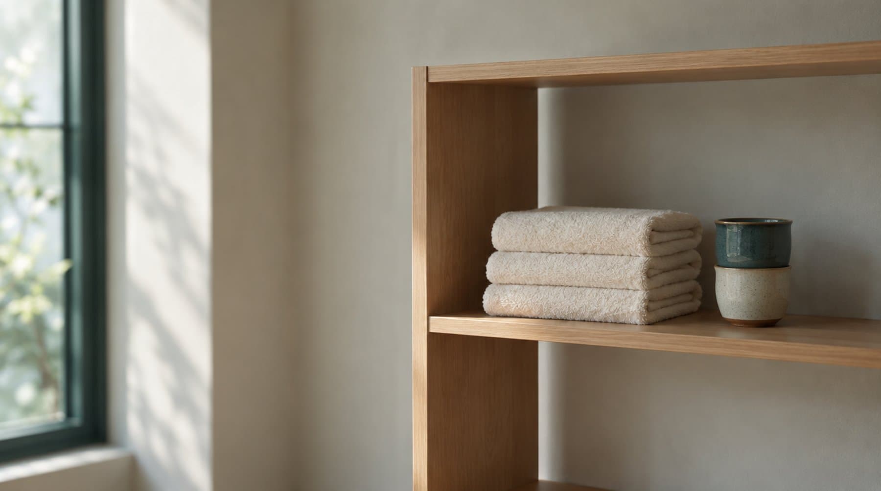 Folded cream towels and two stacked ceramic cups on a bare wooden shelf in an empty room