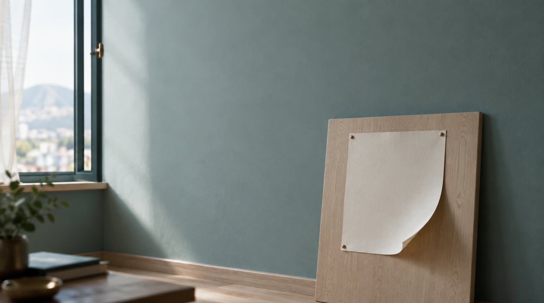A blank sheet of paper pinned to a wooden board, one corner lifting in the draught from an open window