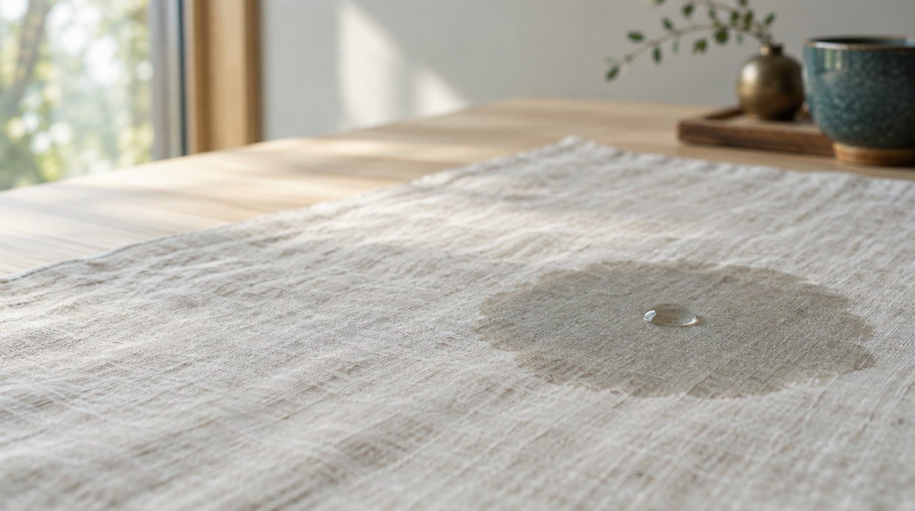 A linen cloth spread on a pale wood table, a single drop soaking into it and the damp circle spreading far wider