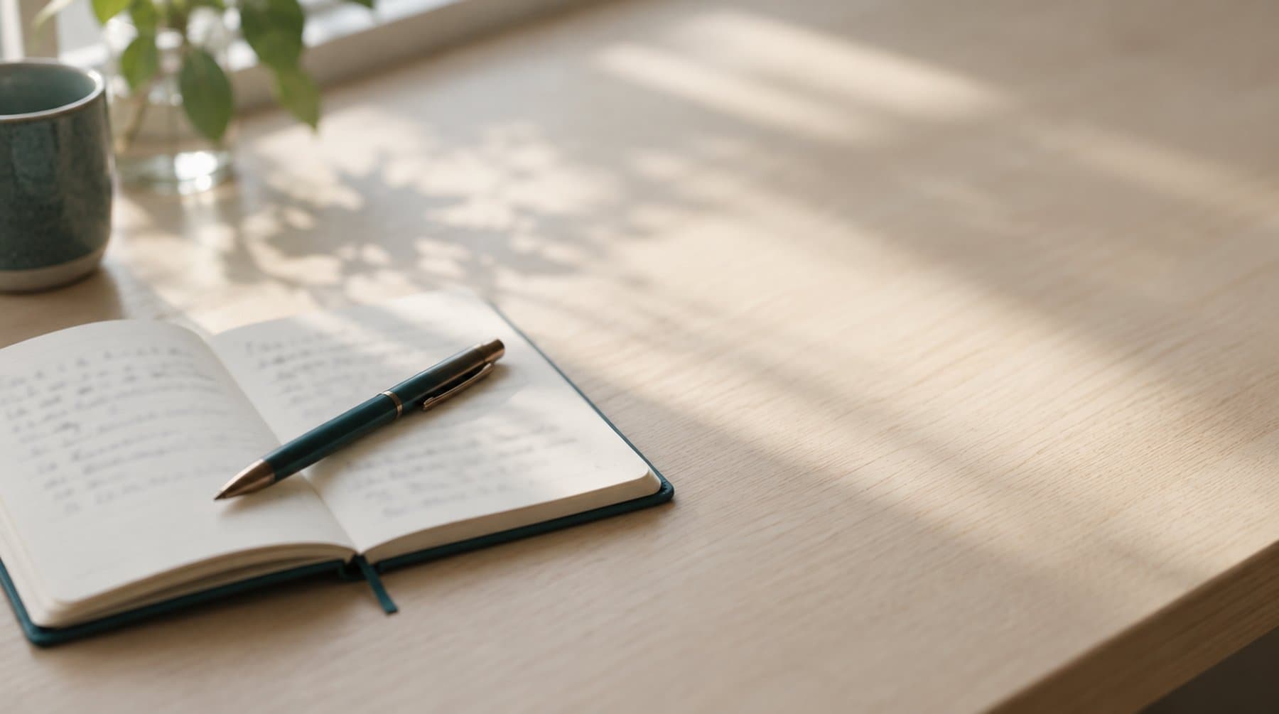 A small notebook lying open on a desk by a window with a pen across it, the handwriting too soft to read