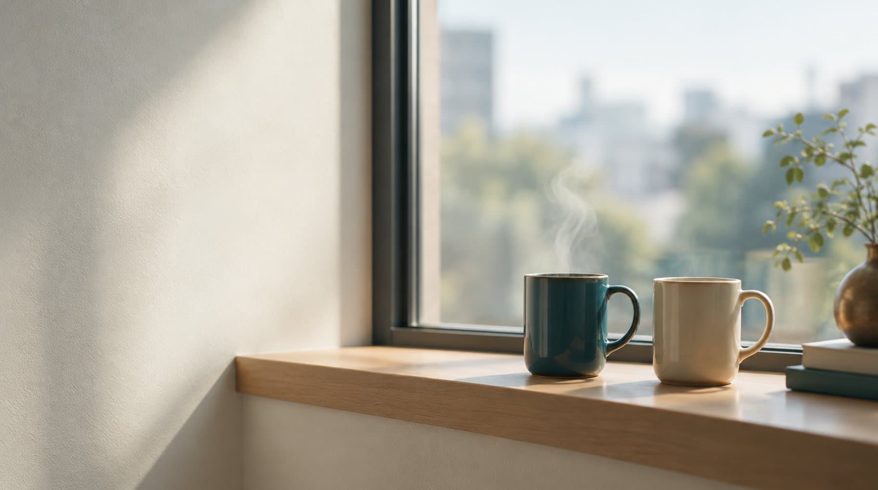 Two plain mugs standing side by side on a windowsill, steam rising from one of them