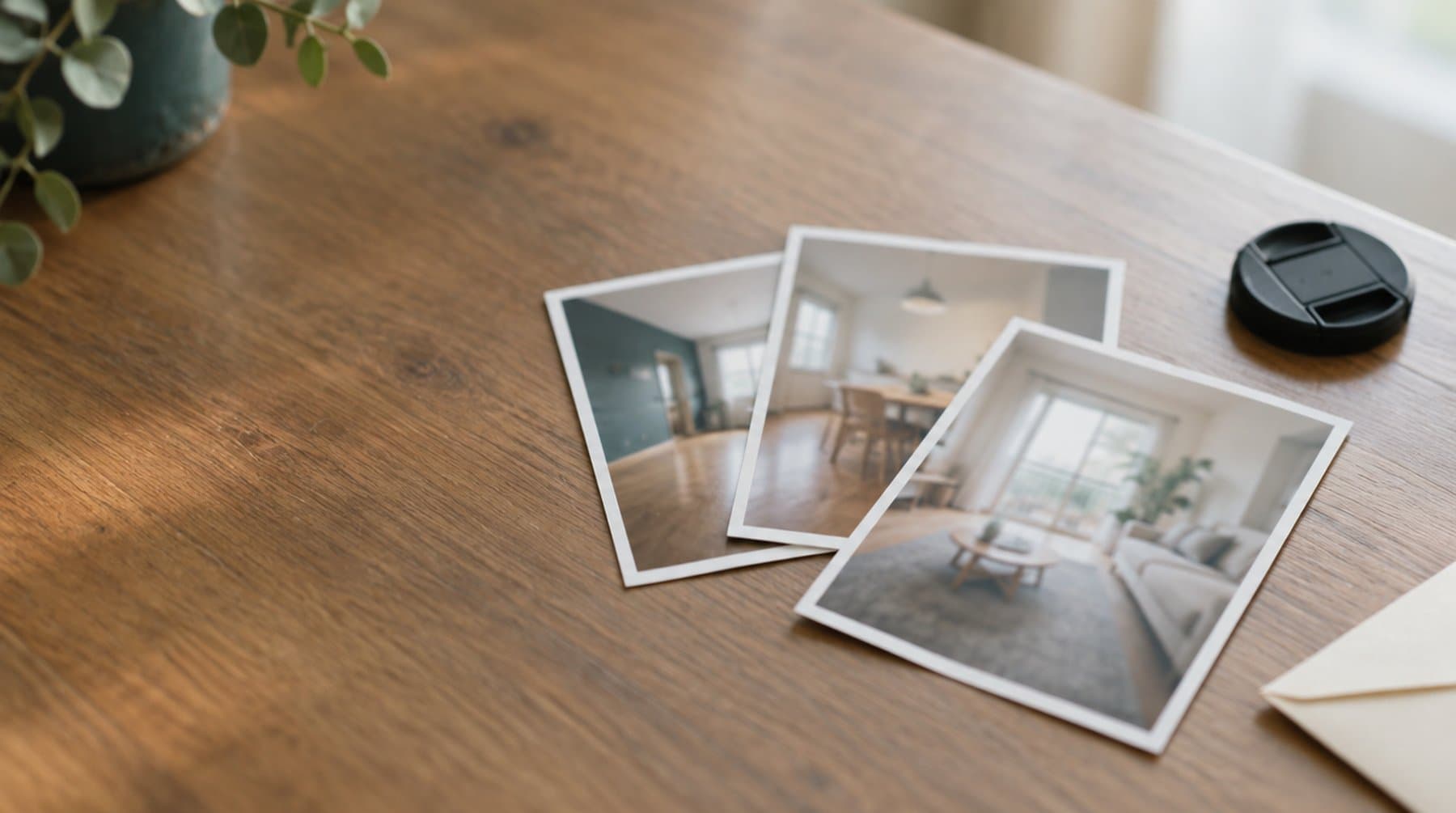 A few printed photographs of an interior spread on a wooden table