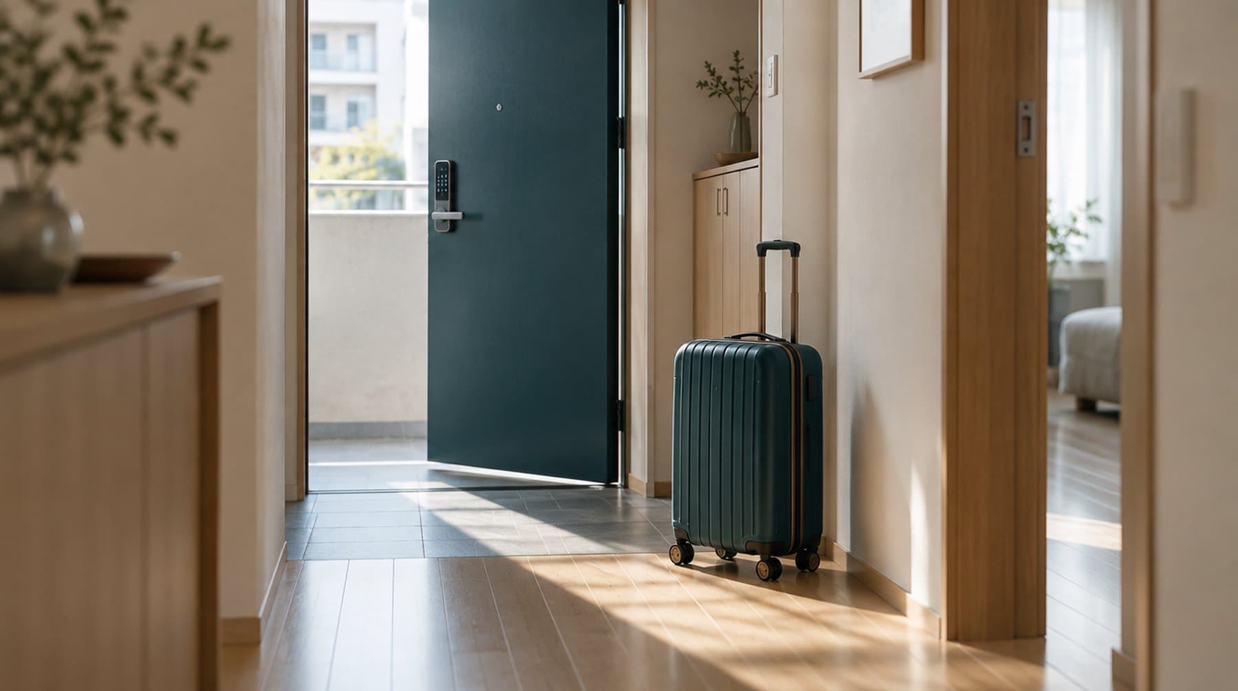 A small suitcase standing in an entrance hall in morning light