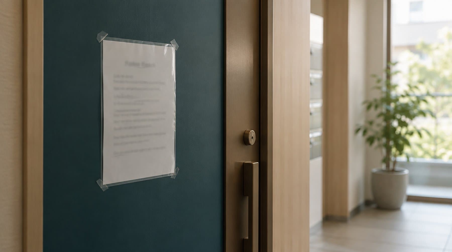 A printed notice sheet taped up inside an apartment entrance