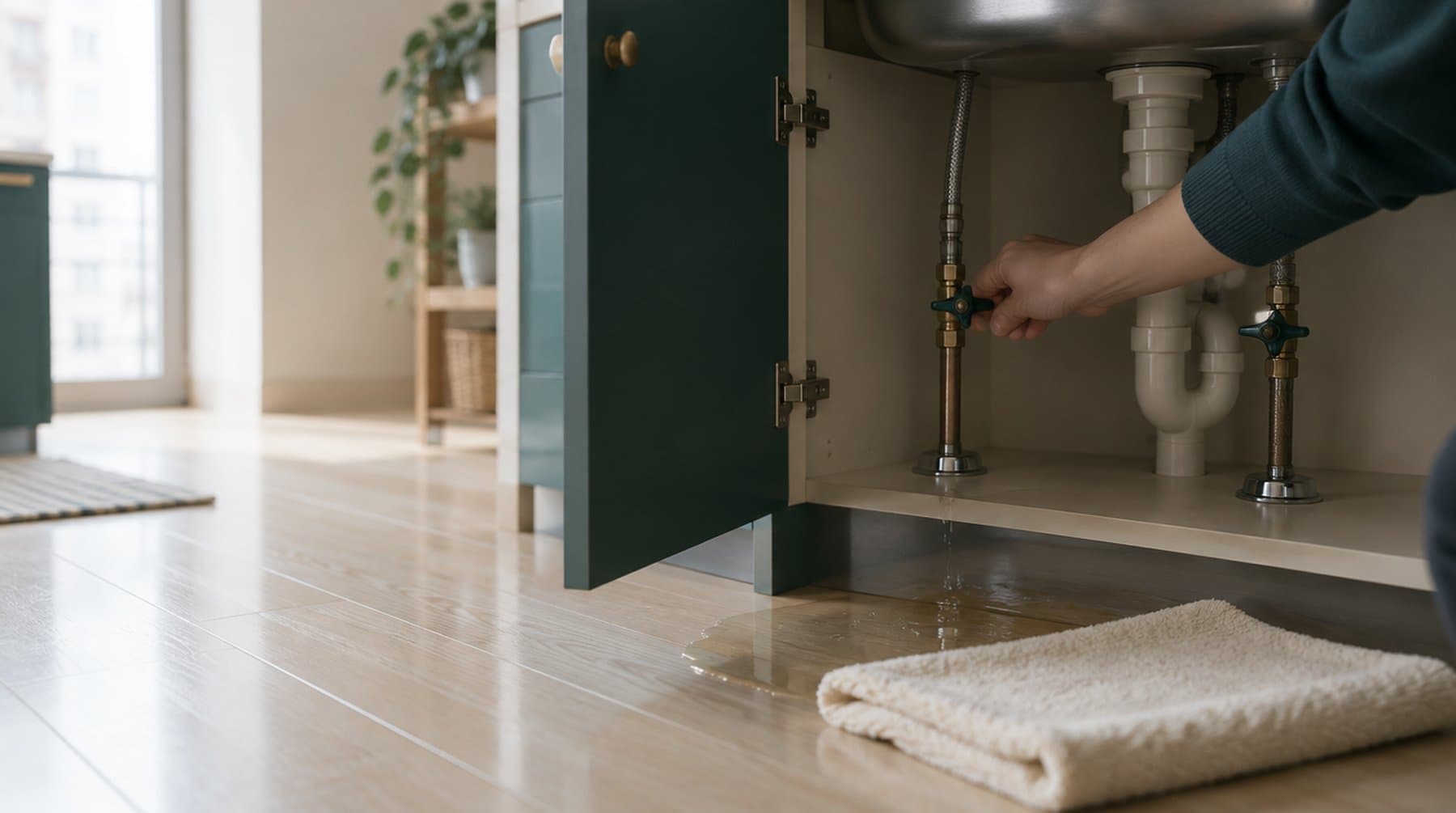 A hand turning the shut-off valve under an open sink cabinet, a towel laid over a puddle on the floor