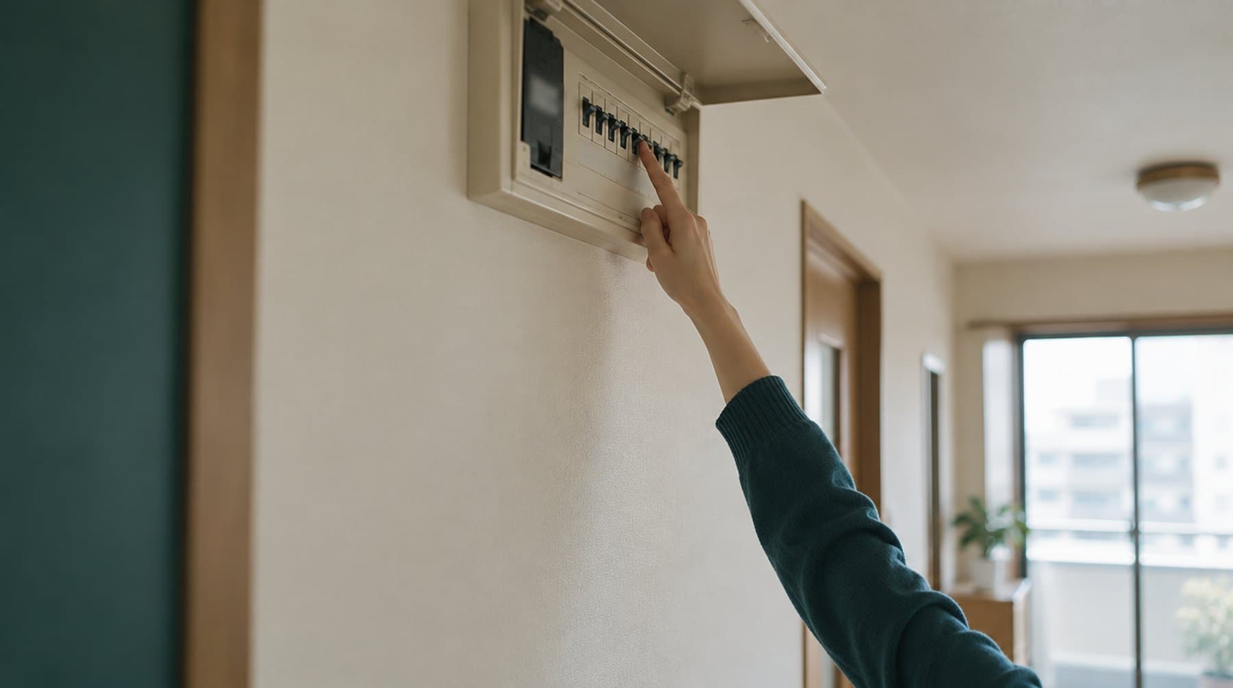 A finger reaching up to a switch in an open breaker panel high on a hallway wall