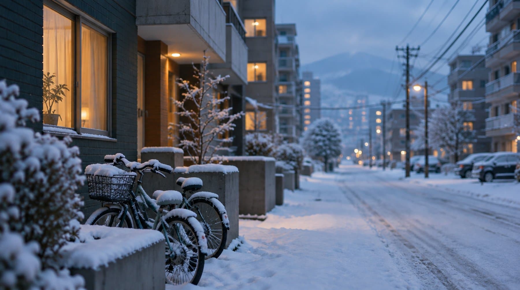 A snowy Sapporo residential street at dusk