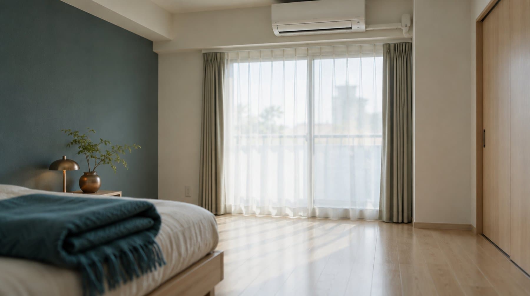 A tidy room with an air conditioner mounted above the window