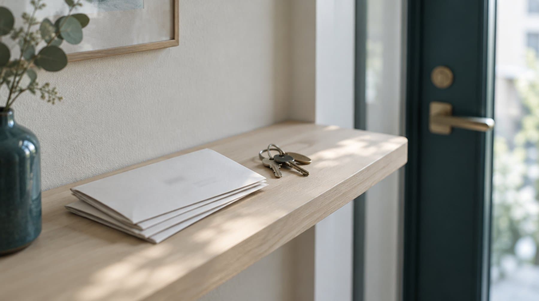 A small stack of envelopes and a set of keys on a shelf by a front door