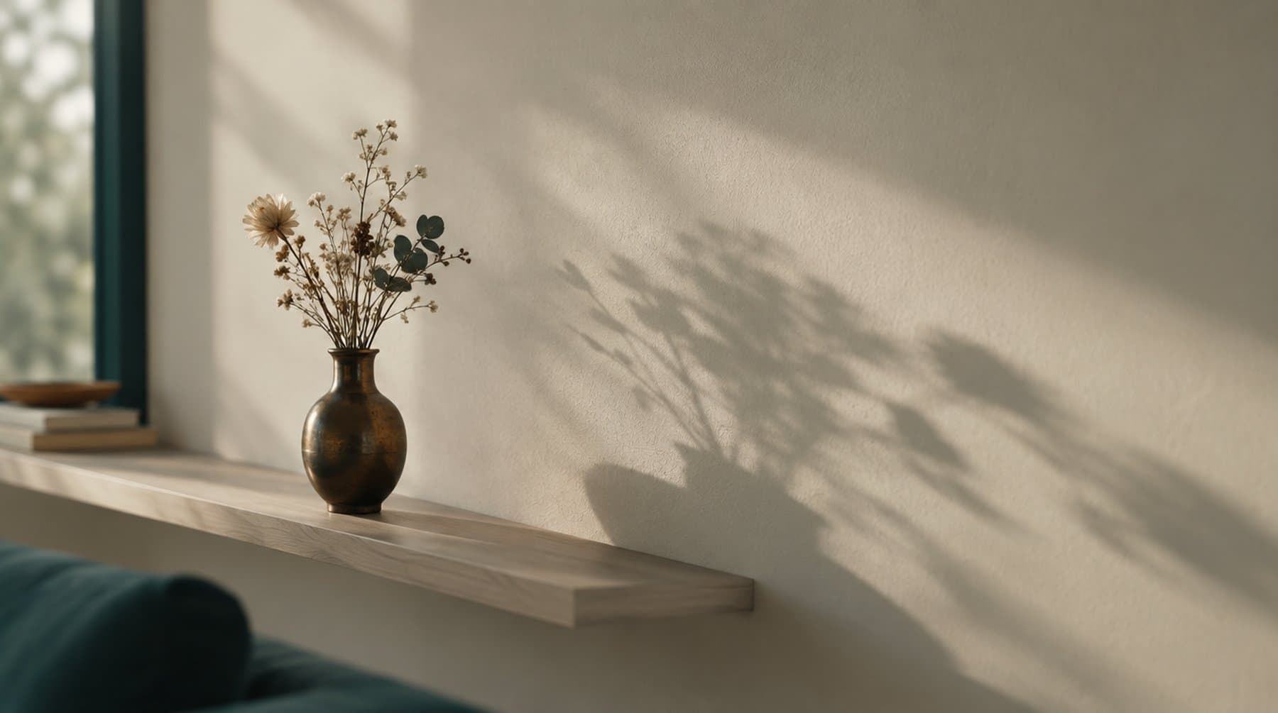 A small arrangement of dried flowers on a shelf, its shadow thrown across the wall far larger than the flowers themselves