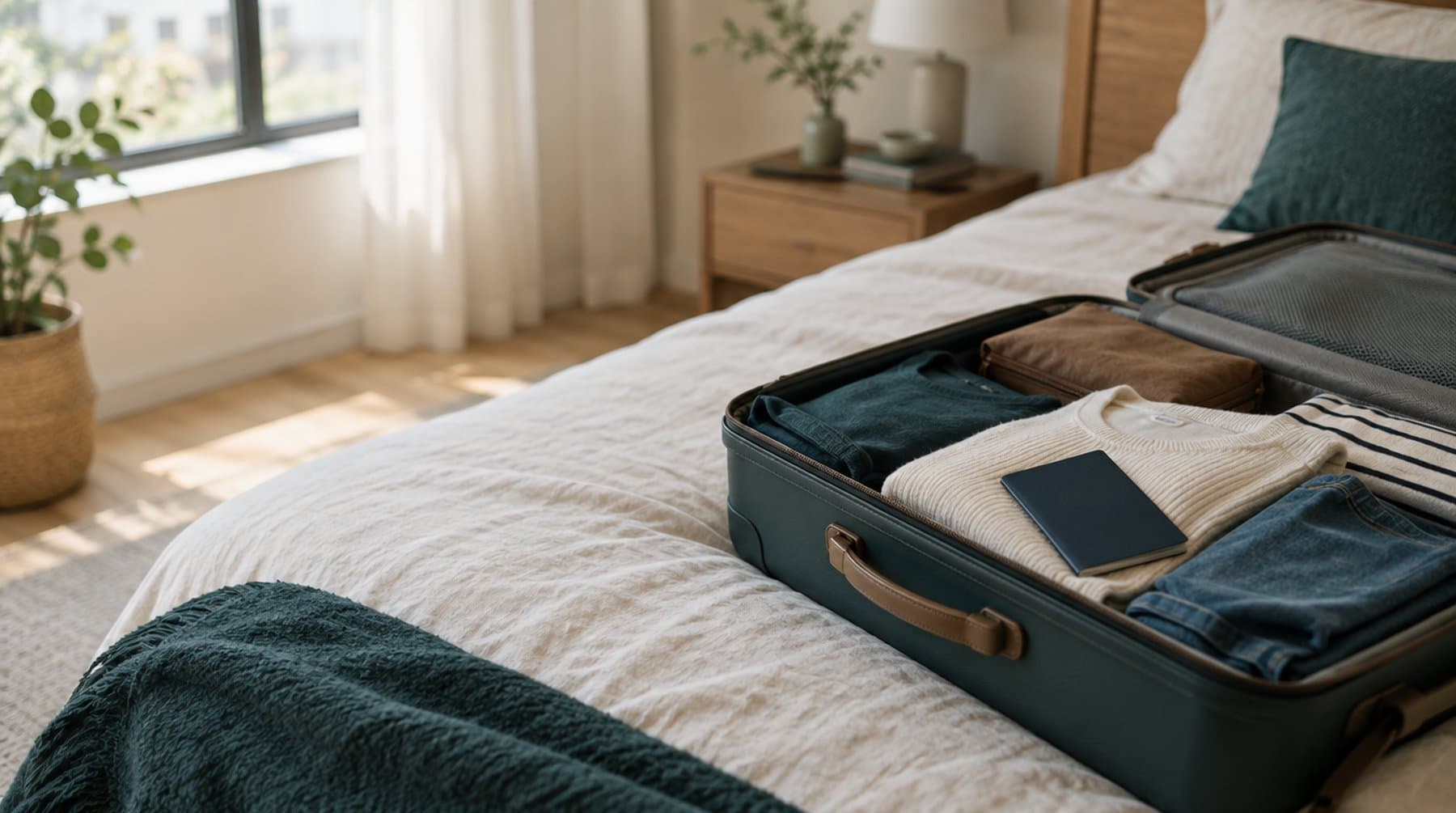 A half-packed suitcase open on a bed