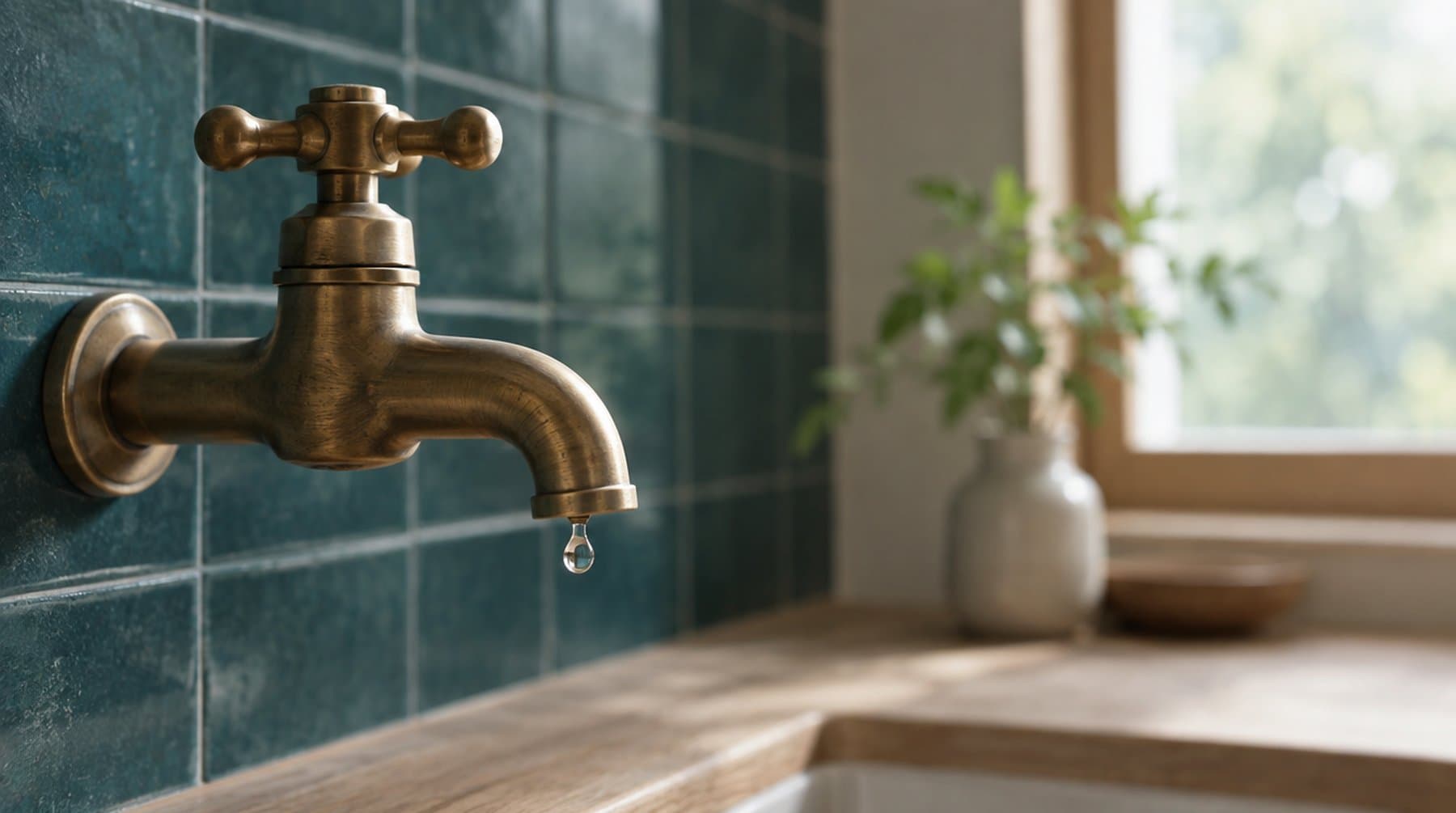 A brass tap with a single drop about to fall