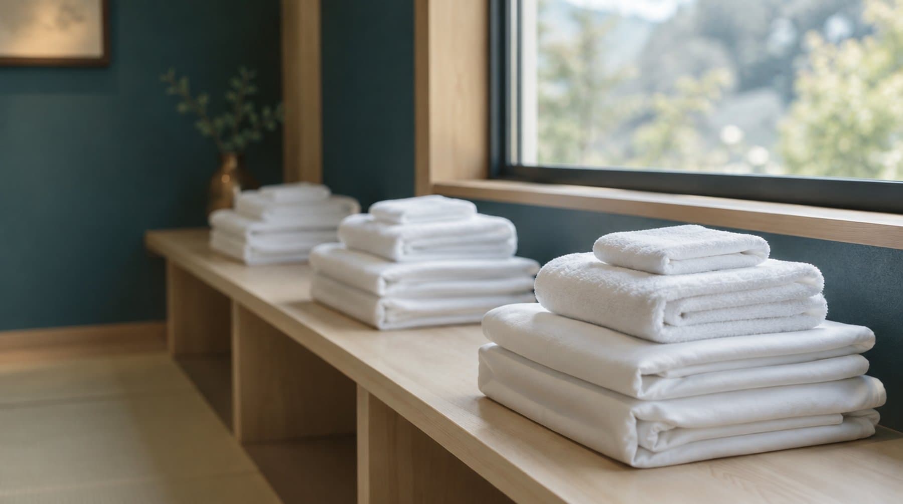 Three separate stacks of folded sheets and towels on a bench by a window