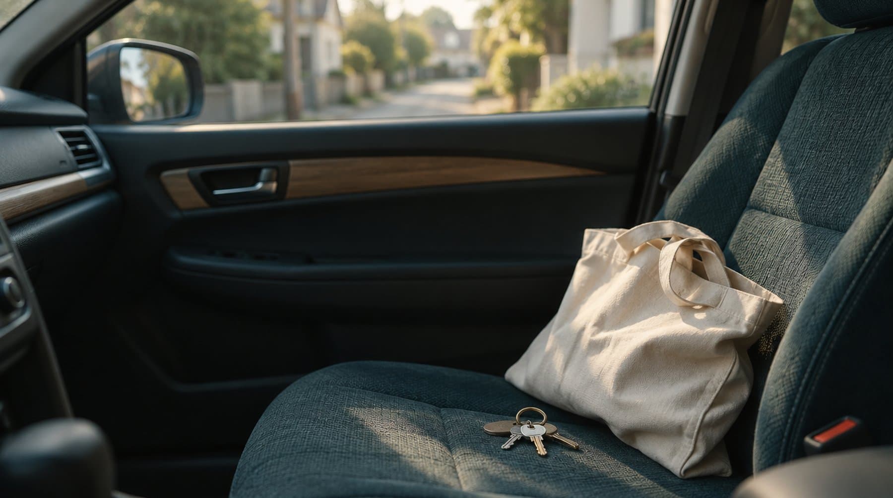 A bunch of keys and a cloth tote bag on the passenger seat of a parked car