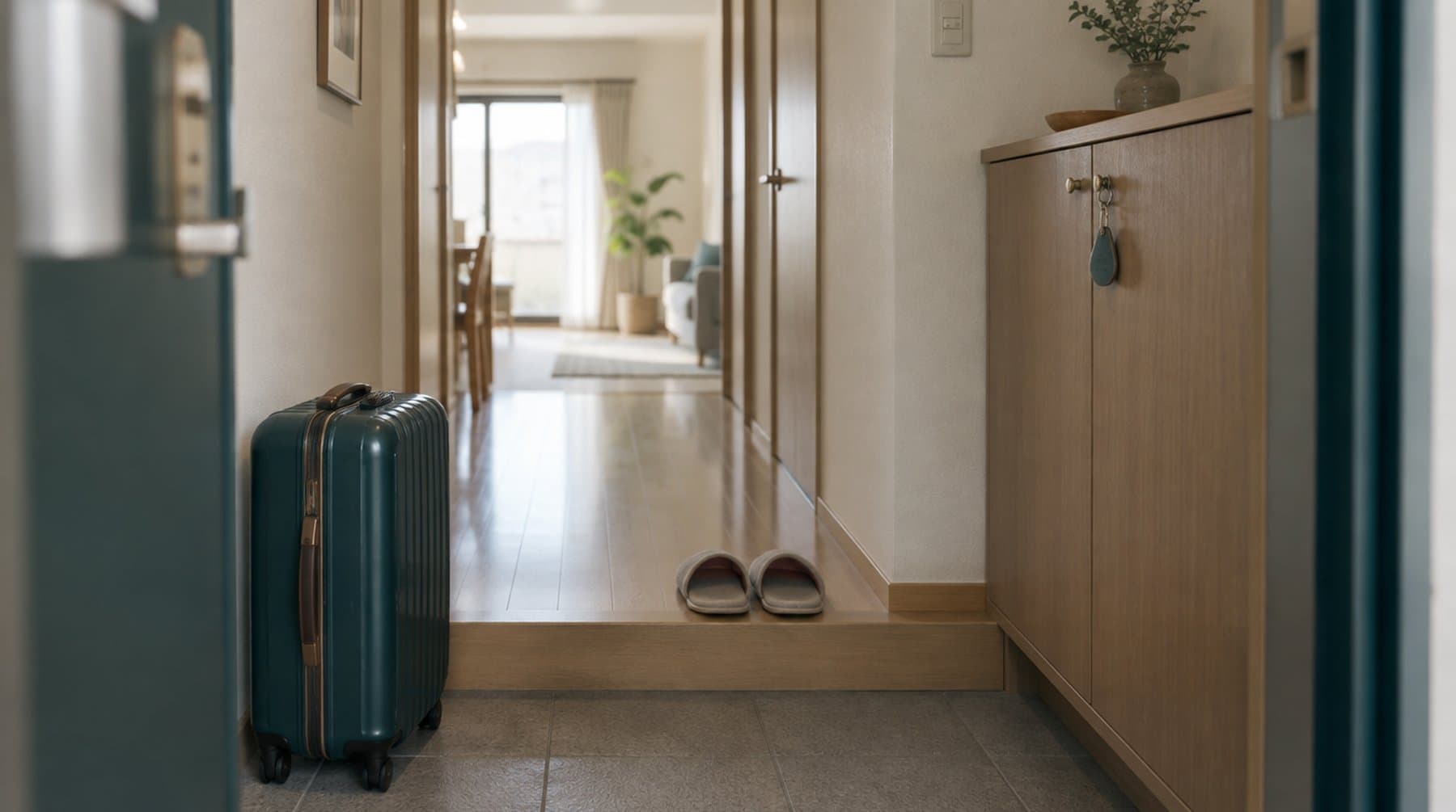 A small suitcase and a neat pair of slippers at an apartment entrance