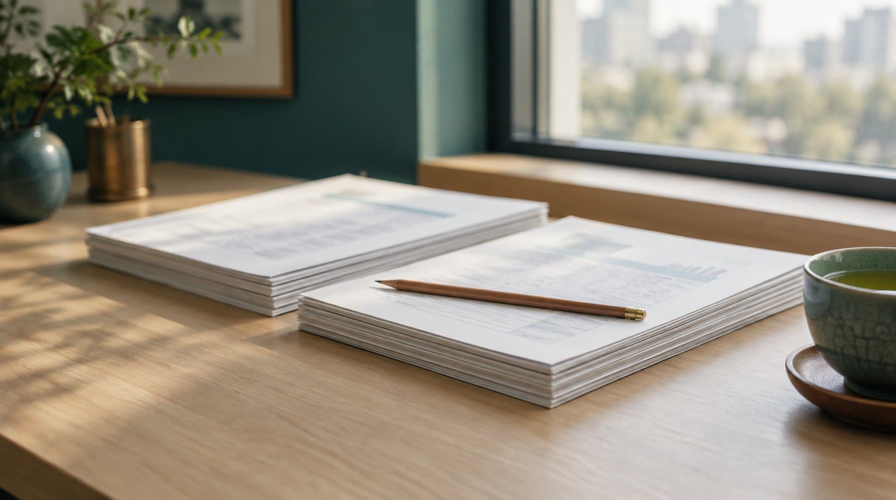 Two stacks of statements, a pencil and green tea on a desk by a window