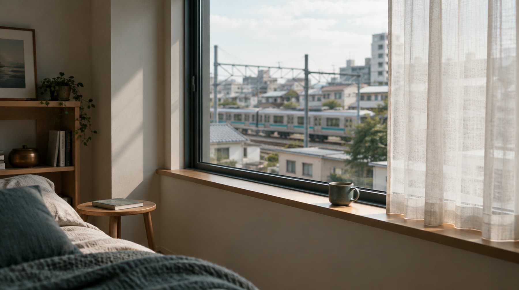 A train passing low buildings, seen through the window of a room