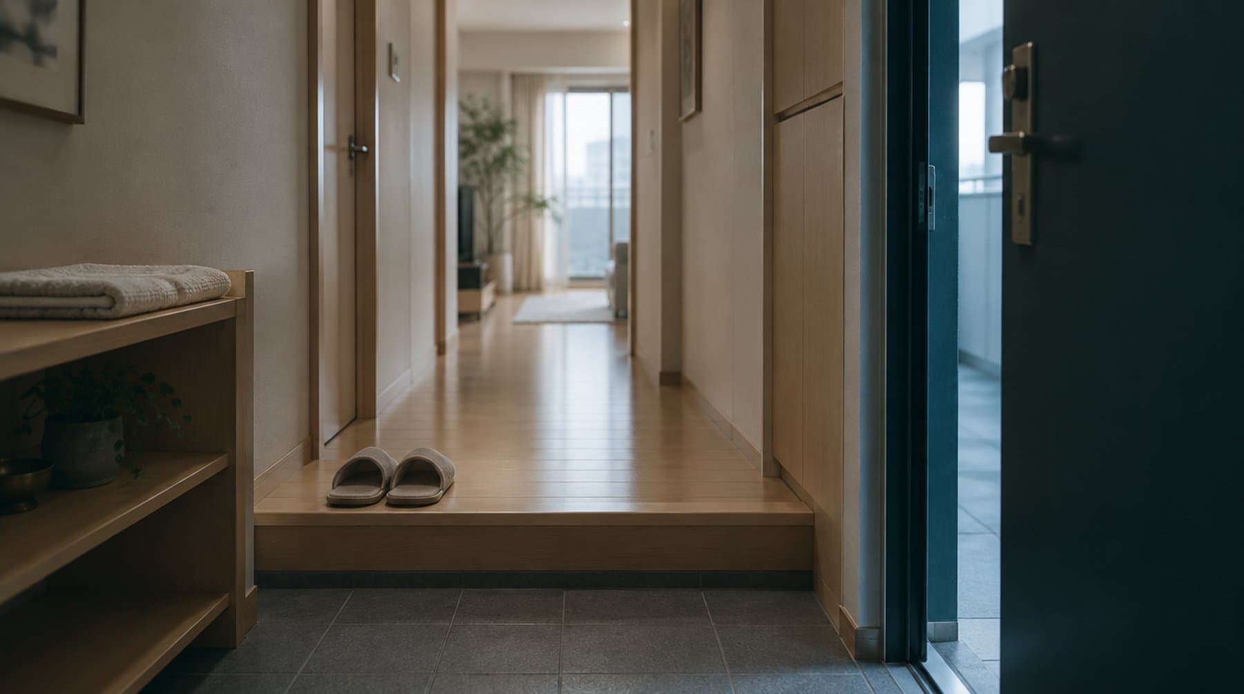 An apartment entrance hall at dawn, slippers on the step and a folded towel on a shelf