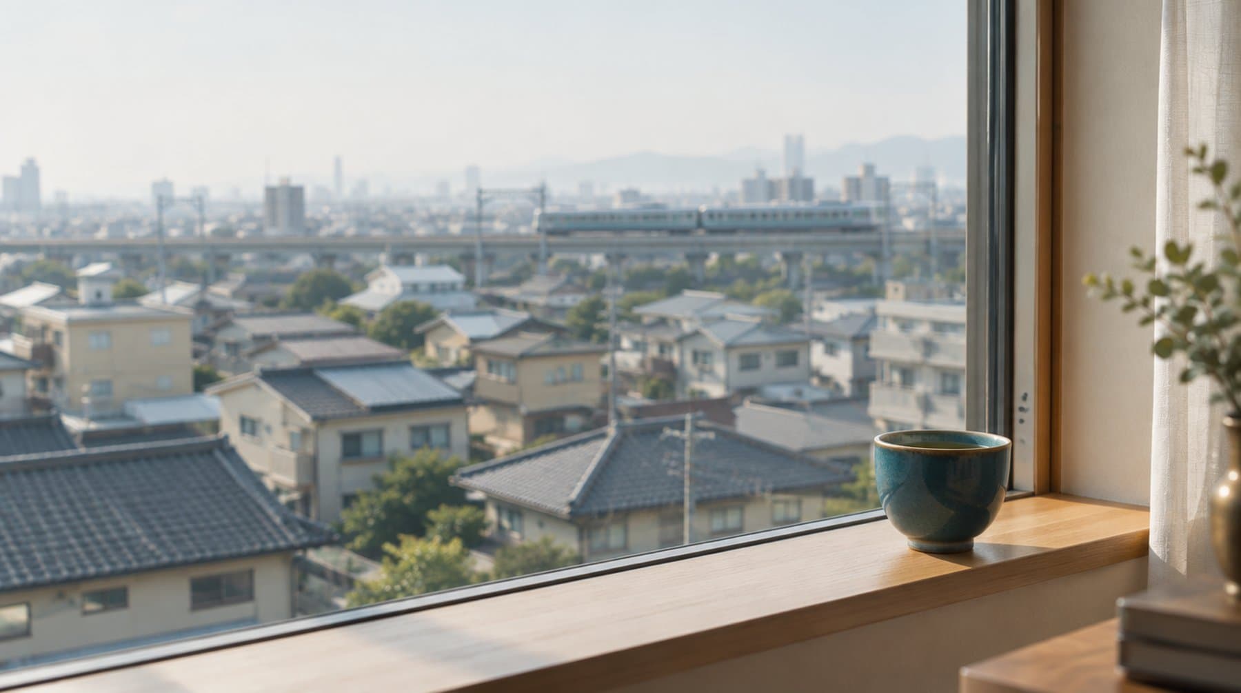 A distant elevated railway seen over rooftops from an apartment window