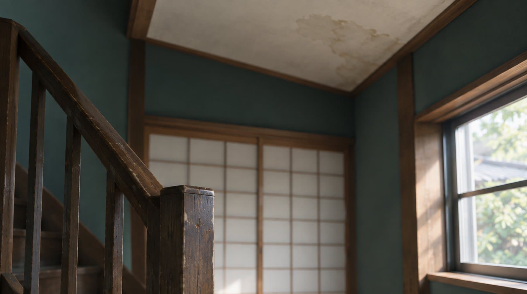 An old wooden handrail and a faint water stain in the corner of a ceiling