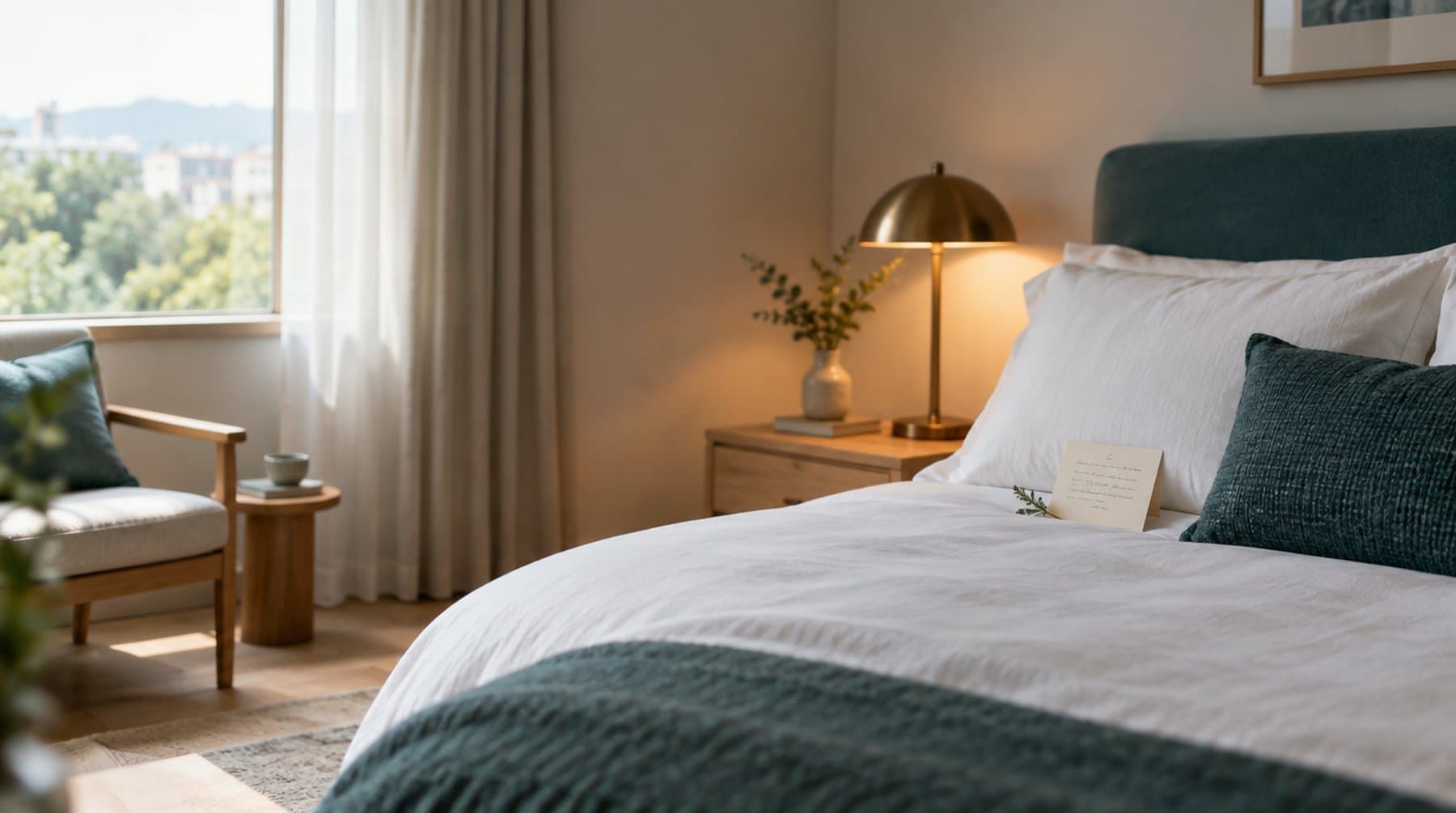 A handwritten card on the pillow of a freshly made bed